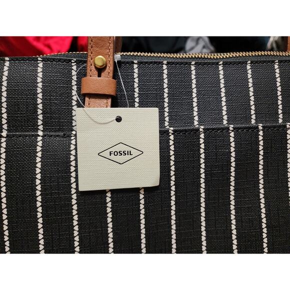 Fossil Women's Rachel Leather Printed Tote Bag Medium Black White Handbag Charm - Picture 4 of 16